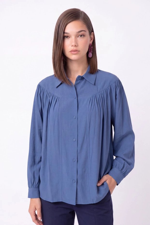 Büzgü Detaylı Düğmeli Oversize Gömlek