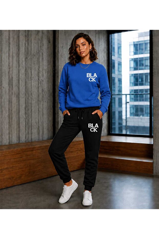 Zero Collar Sweat Suit 2-Piece Combination Winter Shardoon Black Printed Women's / Men's Unisex