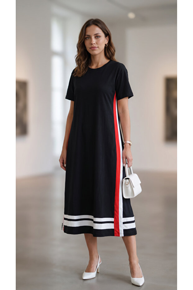 Women's Short Sleeve Crew Neck Side Stripe Detailed Midi Viscose Dress