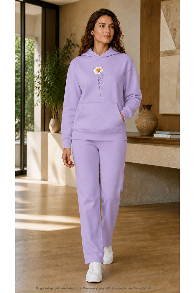 Women's Daisy Spilt Hearts Printed 2-Piece Tracksuit Set/Round Neck Sweatshirt and Straight Leg Bottom