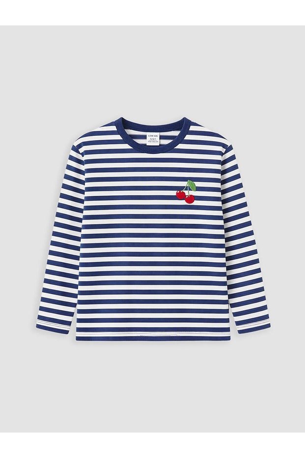 Crew Neck Embroidered Striped Girls' T-Shirt (W6)