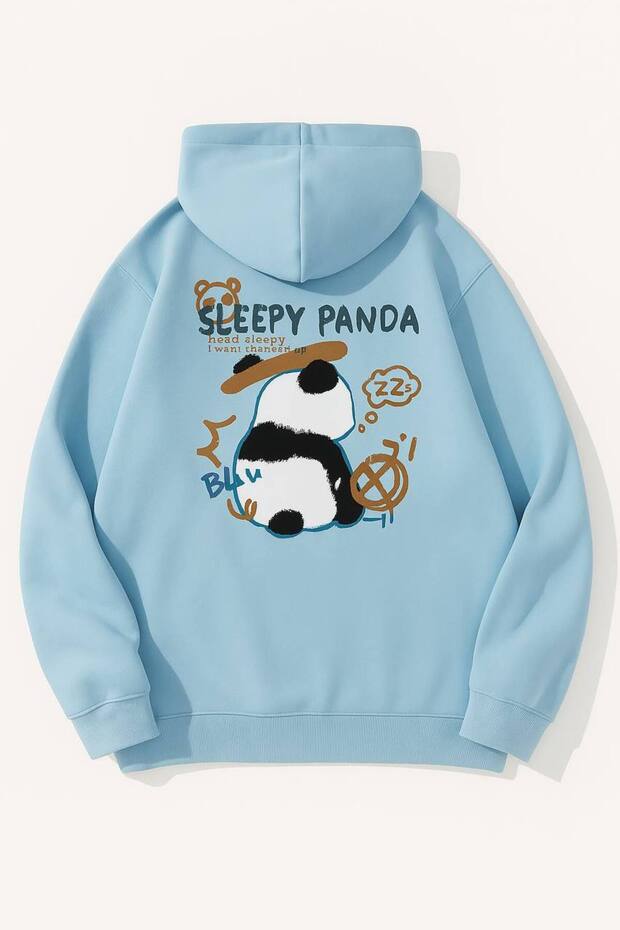 Unisex Oversize 3 Thread Yarn Kangaroo Pocket "Cute Panda" Printed Hooded Sweatshirt