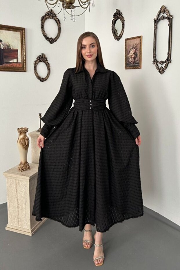 Black Brode Belted Fisto Dress