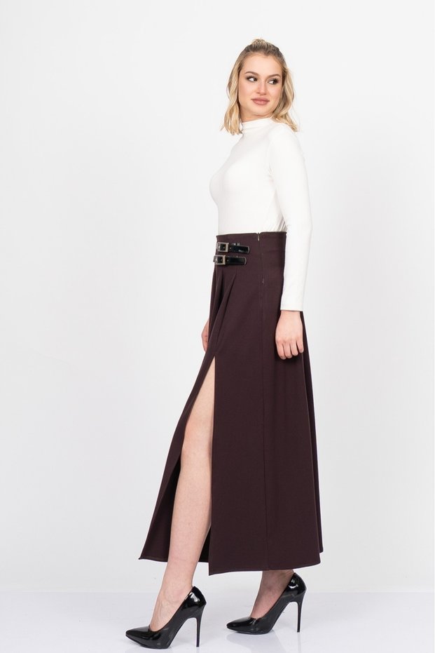 Women's Winter Burgundy Elegancebelt Slit Skirt – Premium Pleated & Slit Skirt 6829