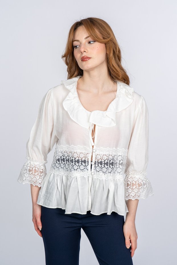 Women's Summer Ecru Lace Collar Ruffle and Waist Tulle Lace Detailed Blouse Shirt 70073