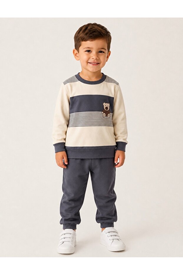 Boy's Teddy Bear Printed Striped Seasonal Sweatshirt Tracksuit Set 2-5 Years