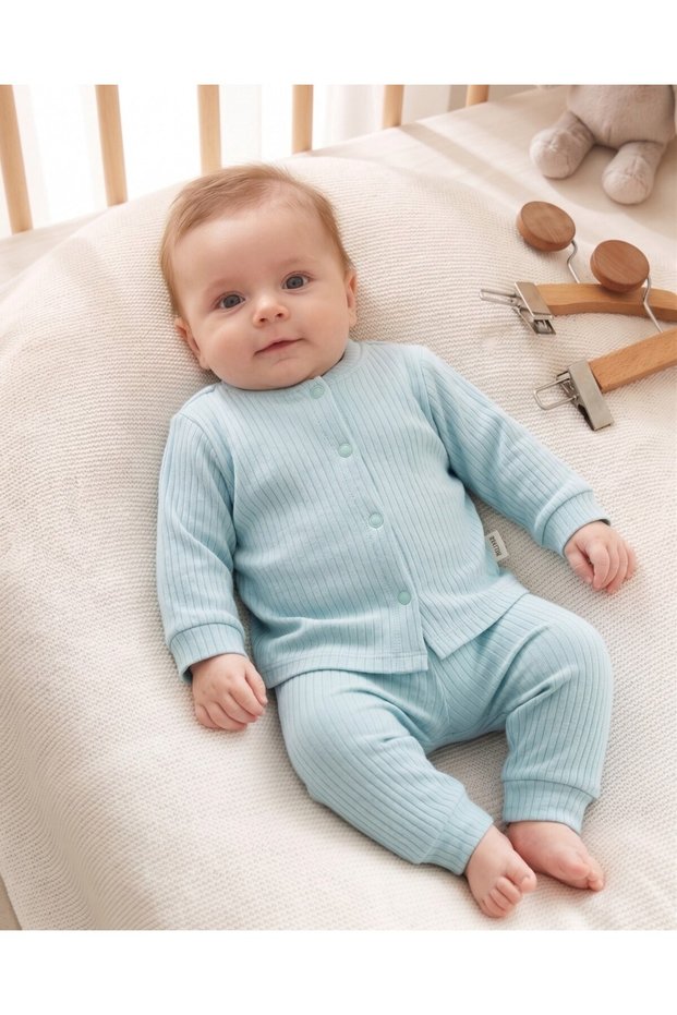 3-6-9-12 Months 100% Cotton Newborn Ribbed Bottom and Top Pajama Set with Snap Fasteners for Baby Girls and Boys