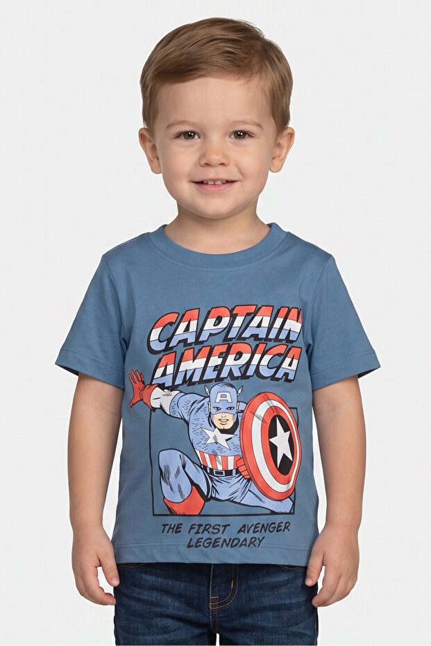 Toddlers Boy Crew Neck Short Sleeve Captain America Print T-Shirt, Dusty Blue