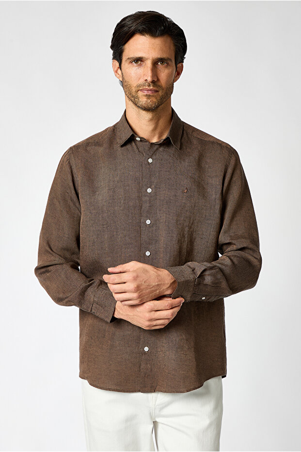 Long Sleeve Regular Fit 100% Linen Embroidered Shirt