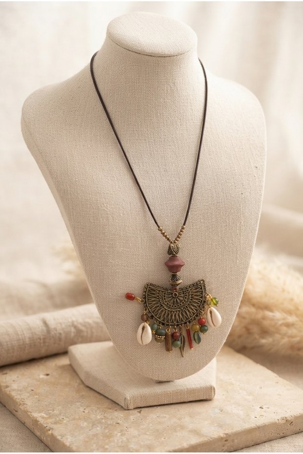 Handmade Brass and Bead Detailed Leather Cord Long Authentic Necklace