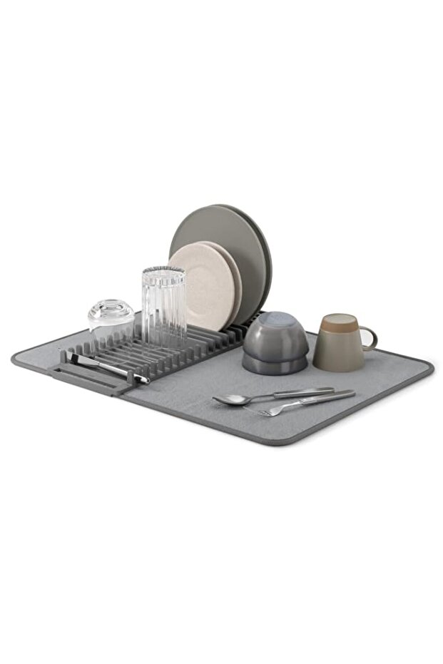 UDRY Dish Drying Rack and Microfiber Dish Mat - Space-Saving Lightweight Design Folds Up For Easy Storage, 60cm x 46cm, Charcoal