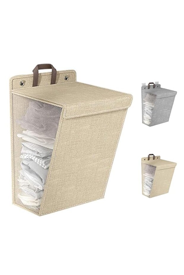 YumLock 36L Collapsible Hanging Laundry Basket with Lid, Folding Laundry Hamper, Space Saving Storage Basket, Beige