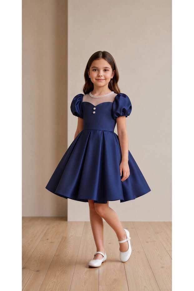 Special Design Pearl Detailed Navy Blue Short Sleeve Balloon Sleeve Girls Evening Dress