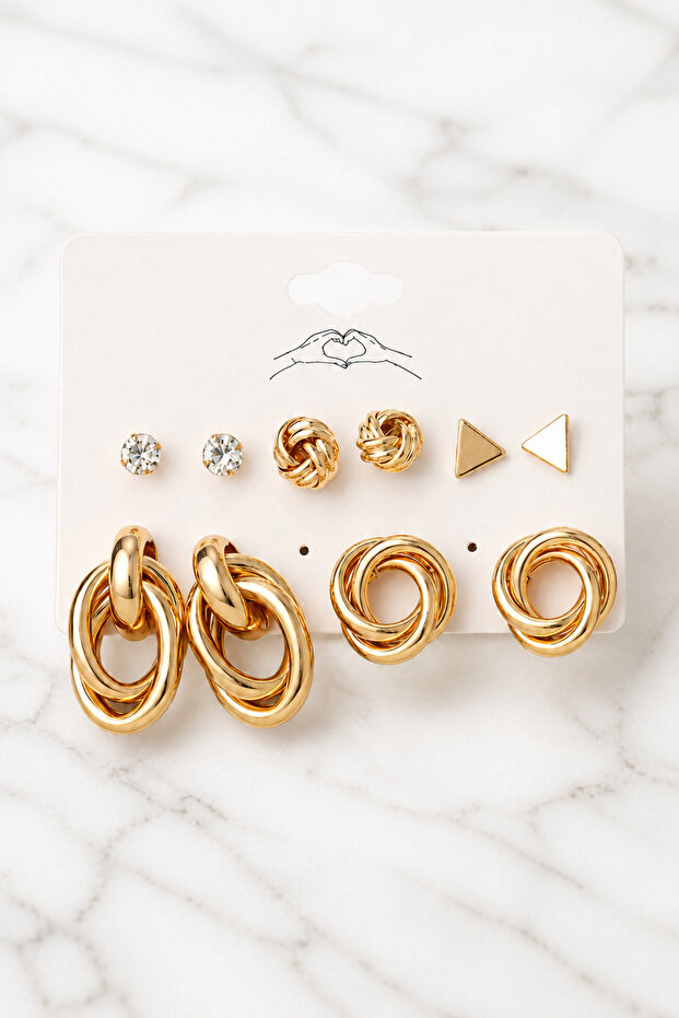 Gold Color 5 Pair Earring Set with Hoop Stone and Geometric Model
