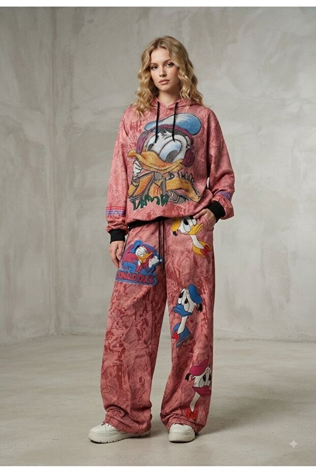 Trendy 3-Thread Brushed Fleece Tracksuit Set with Stone-Print Embroidery