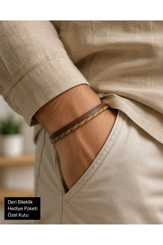 Men's Brown Leather Bracelet – Stylish Bracelet with Green Mustard Weave Detail and Metal Clip