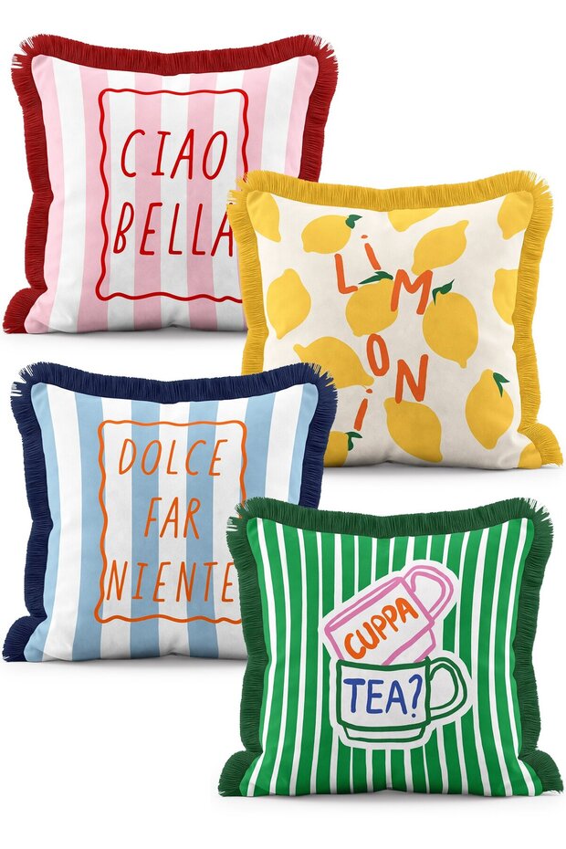 Ciao Bella and Dolce Far Niente Written Lemon Patterned 4-Piece Fringed Throw Pillow Cover Set