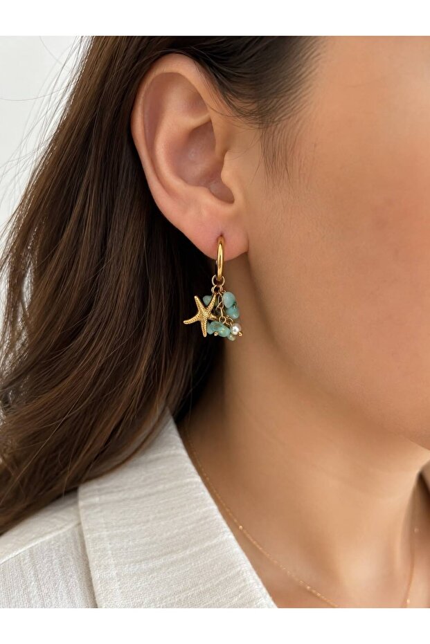Gold Star & Bead Detailed Steel Dangle Hoop Earrings