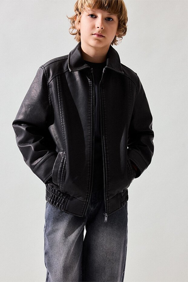 Jacket Lapel Zipper Pocket Faux Leather Jacket Coat Boy G9519A826Au