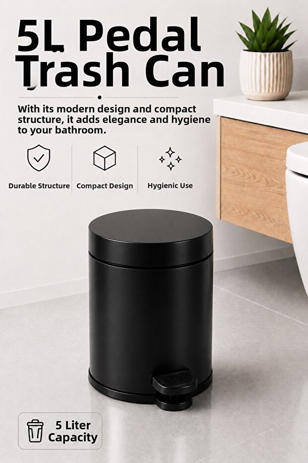 Pedal Trash Can 5 Liter Inner Bucket Bathroom Trash Can with Lid Black - Titan 7005