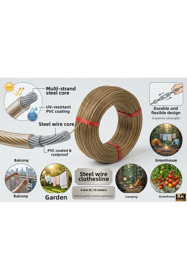 Steel Wire Clothesline 4 mm 10 Meters - Pvc Coated Rust Resistant Durable for Balcony, Garden, Camping, Greenhouse Use