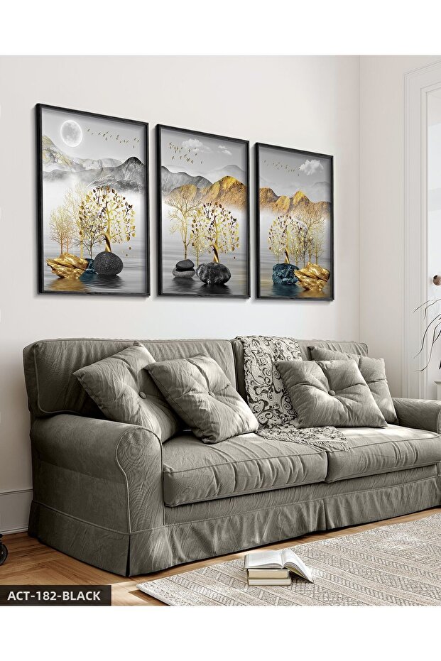 Gold Trees and Mountains 3 Piece Wooden Framed Painting Act