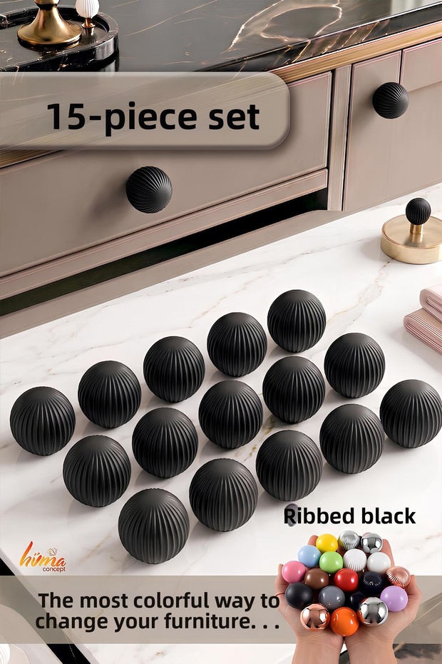 15 Pcs Hard Plastic Knob Round Ball Striped Black Wardrobe Furniture Kitchen Cupboard Drawer Handle Handle