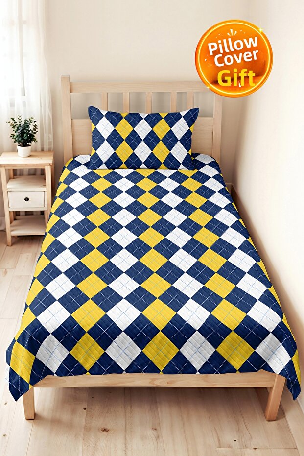 Navy Blue Geometric Youth Room Single Pique Set - Yellow and White 160X220 cm Quilted Bedspread