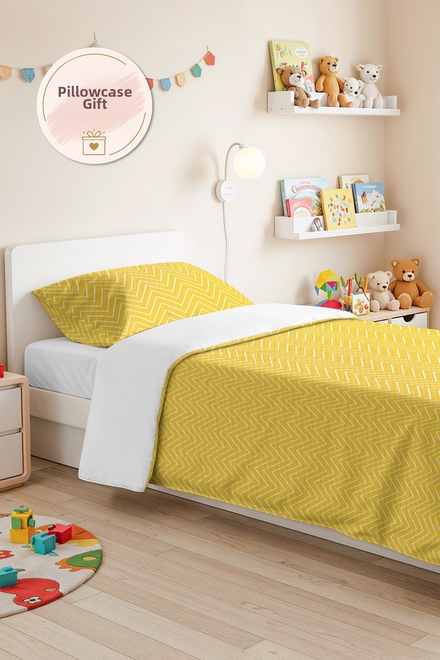 Yellow Geometric Youth Room Single Pique Set - Modern Zigzag 160X220 cm Quilted Bedspread
