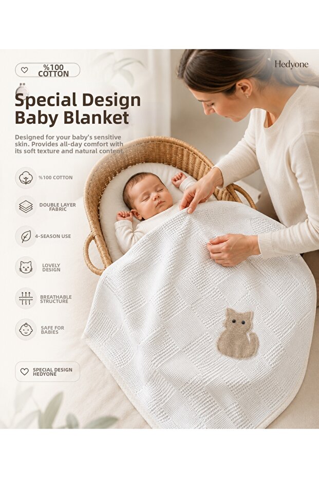 Baby Pique Blanket Waffle 100% Cotton 110X110 cm with Rabbit Appliqué