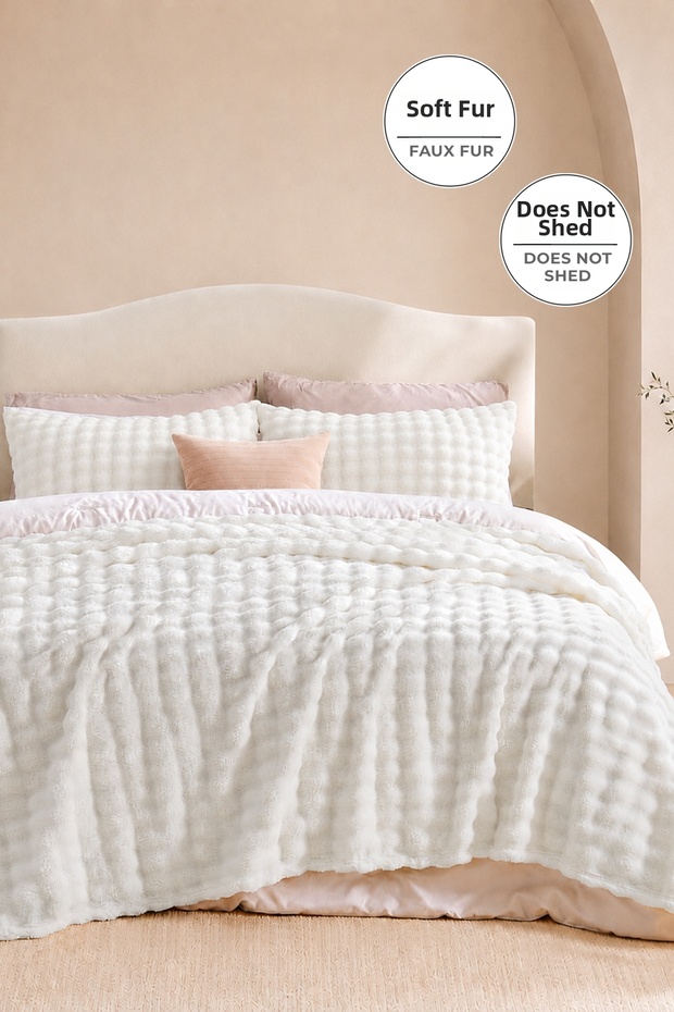 Fur Bubble Blanket Set Single Plush Rabbit Hair 2 Piece Soft 180X220 cm Cream Off-White