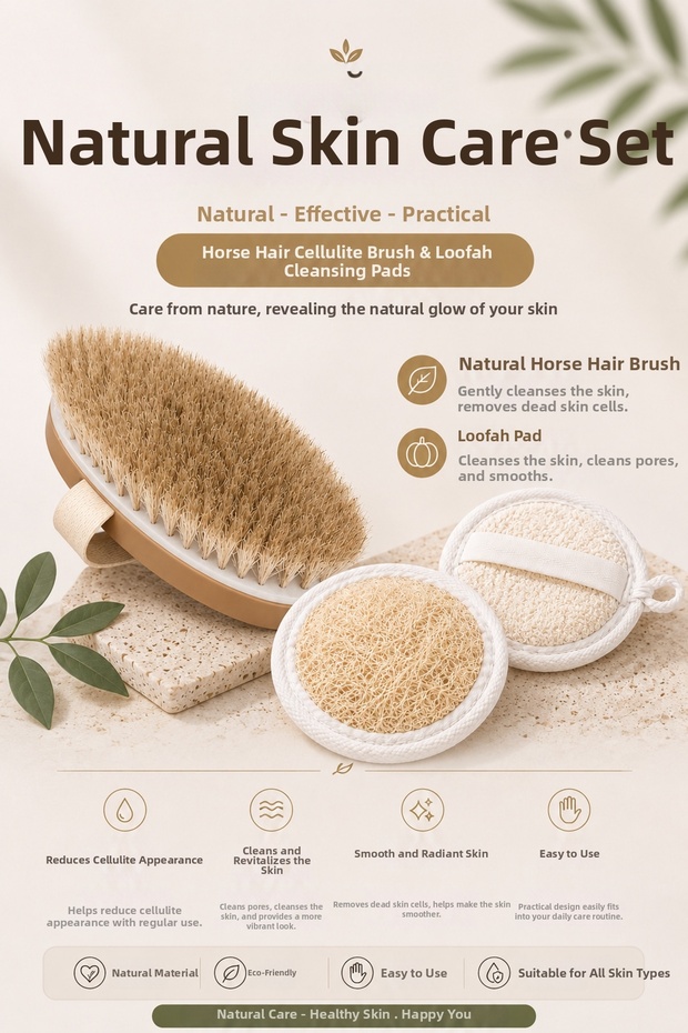 2-Piece Set Natural Skin Care Set Horsehair Cellulite Brush and Double-Sided Gourd Fiber Makeup Facial Cleansing Pad