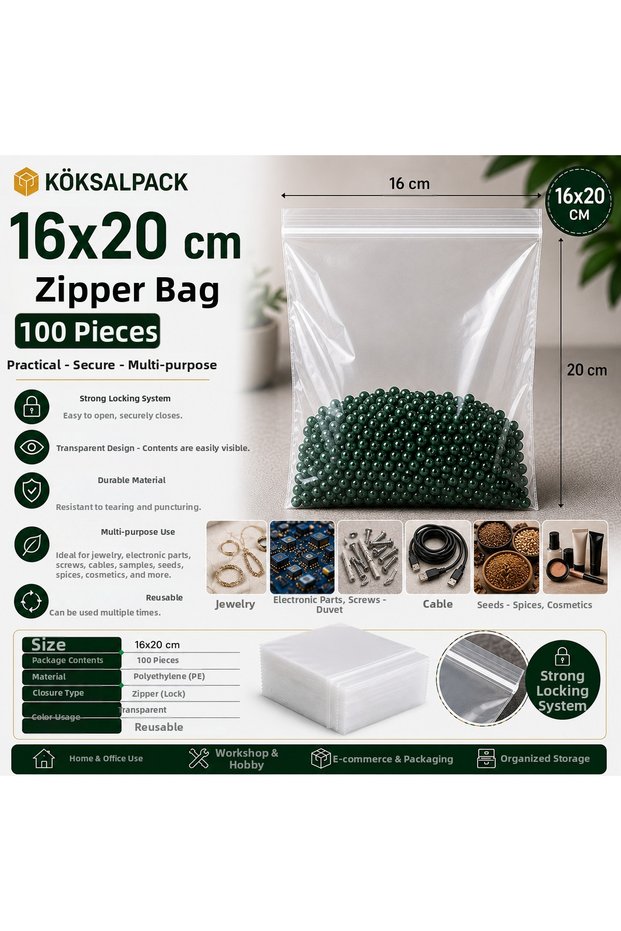 Köksalpack 16X20 cm Ziplock Bag Transparent Ziplock Bag 100 Pieces | Zip Lock Bags Jewelry, Electronic Parts, Samples and Packaging