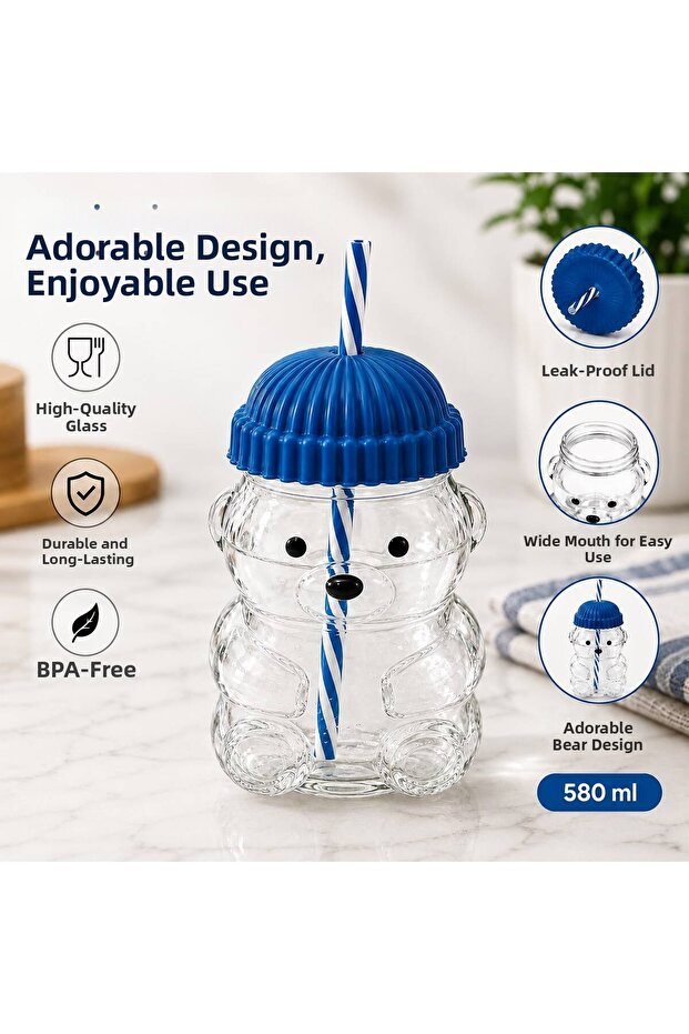 Goggy Bear Premium Glass Barista Cold Drink Cup with Straw a Teddy Bear Print Cup 550 ml