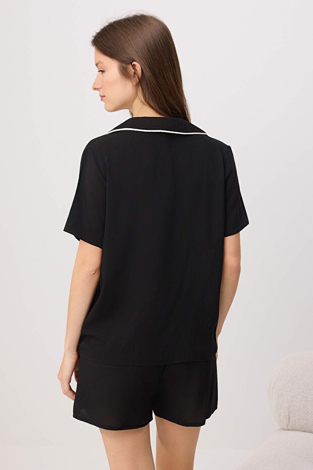 Siyah More Sustainable Solmayan Siyahlar Kalp Nakışlı Viskon Dokuma Pijama Takımı THMSS25PT00002 - 5