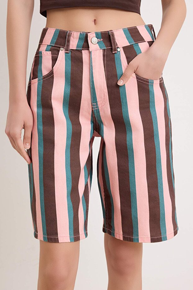 Pembe Kahverengi Çizgili Denim Bermuda TWOSS26SR00257 - 3