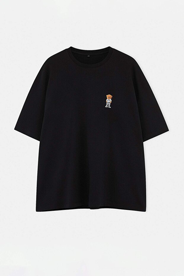 Büyük Beden Siyah Oversize Ayıcık Baskılı Oversize %100 Pamuk T-Shirt TMNSS26BF00006 - 4