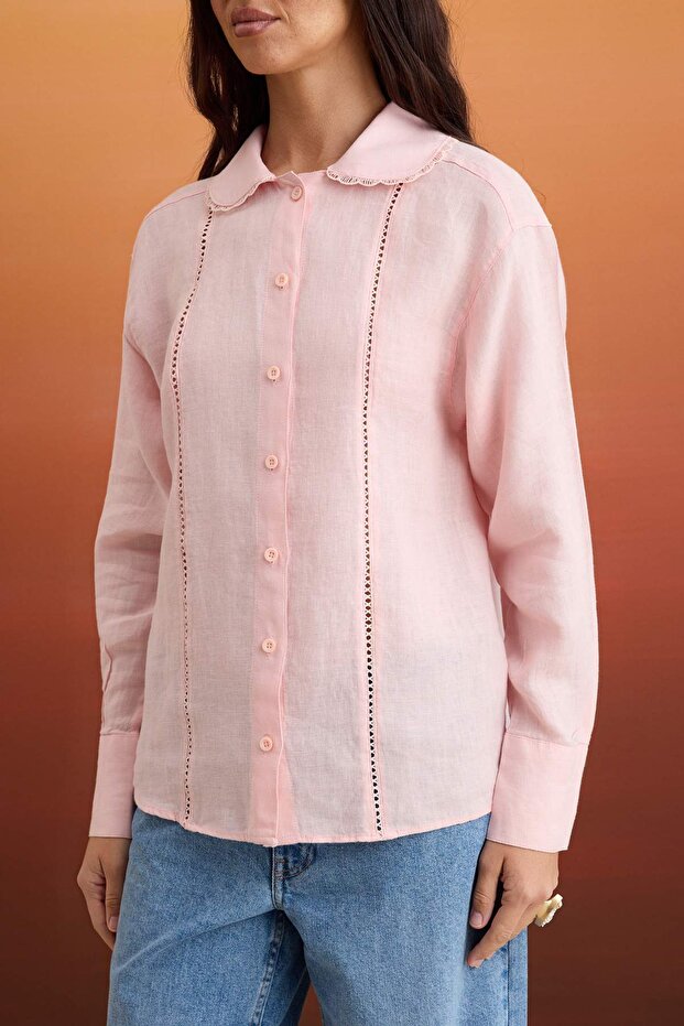 Pembe  %100 Keten Nakış Detaylı  Gömlek TWOSS26GO00047 - 3