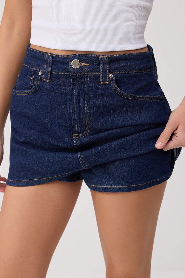 Koyu Mavi Az Esnek Mini Denim Şort Etek TWOSS26SR00052 - 3