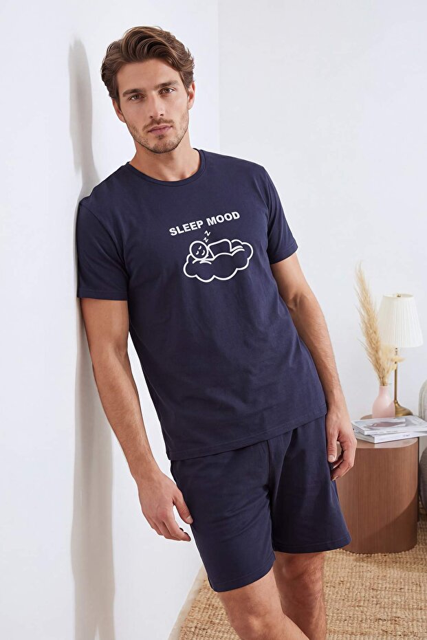 Lacivert Regular Kesim Yazı Baskılı Pamuklu Pijama Takımı TMNSS26PT00024 - 3