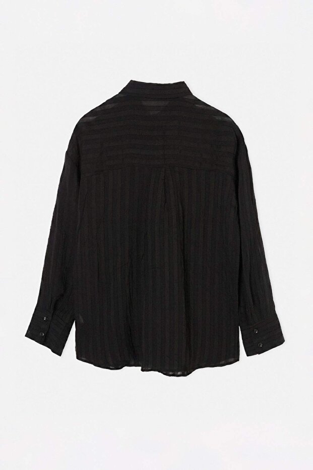 Siyah Çift Cepli Oversize Dikine Çizgili Gömlek TDRSS26GO00112 - 3