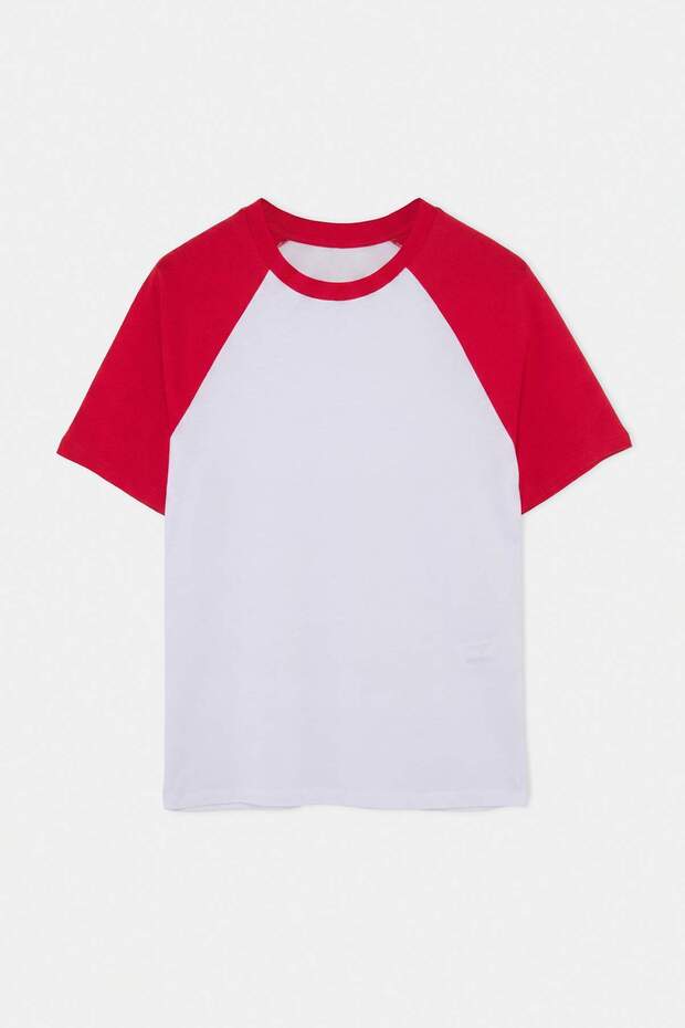 Beyaz-Kırmızı Düşük Omuz Regular Renk Bloklu %100 Pamuk T-Shirt TMNSS26TS00079 - 8