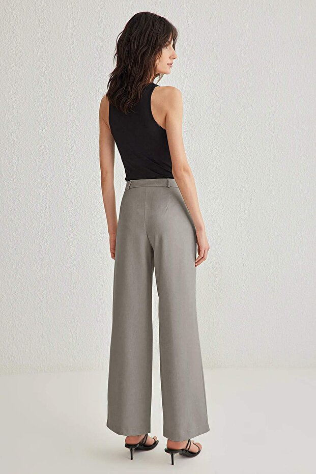 Açık Gri Wide Leg/Geniş Paça Pilili Dokuma Pantolon TWOAW22PL0475 - 5
