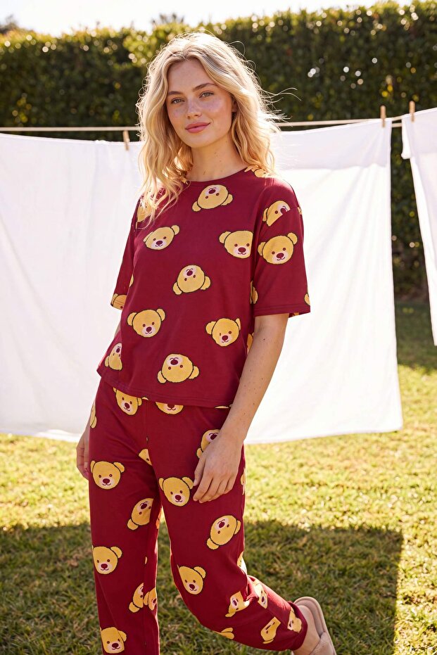 Bordo %100 Pamuklu Ayıcıklı Örme Pijama Takımı THMSS21PT0195 - 1