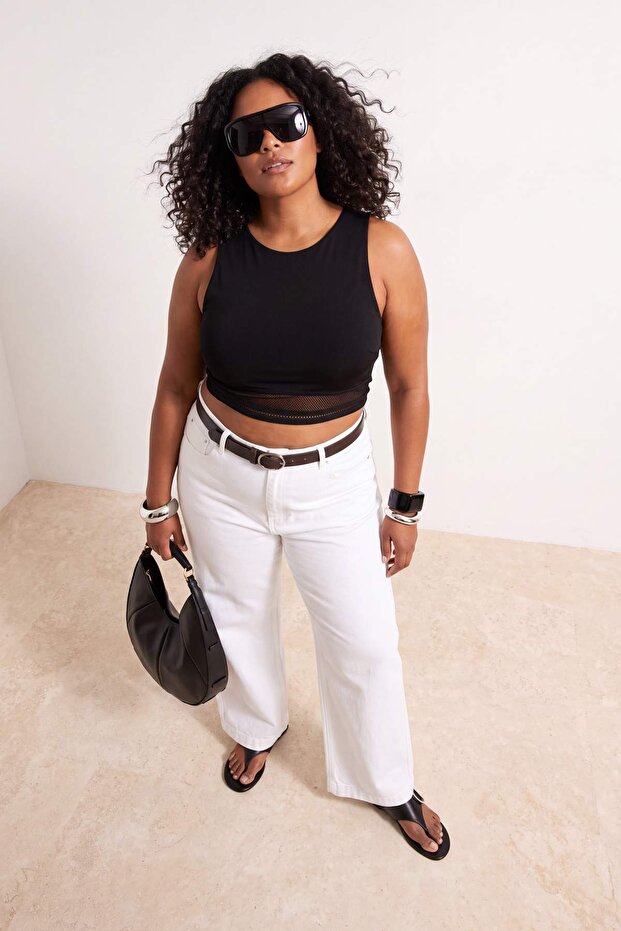 Beyaz Kemerli Yüksek Bel Orta Esnek Wide Leg Jeans