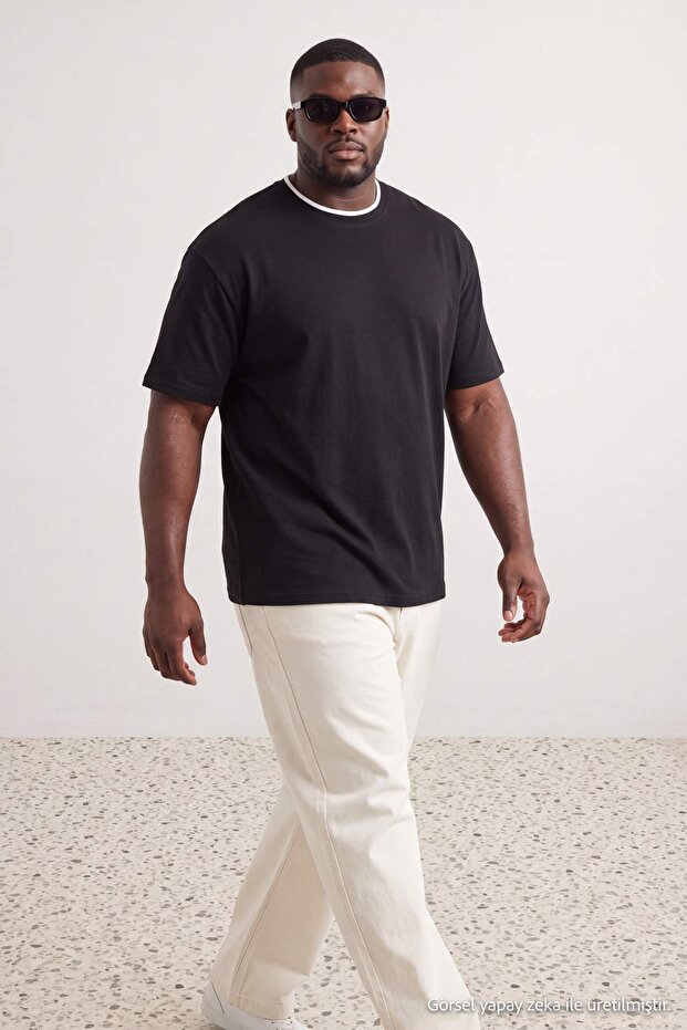 Plus Size Black Regular Off Shoulder 100% Cotton Collar Detailed T-Shirt Tmnaw27Bf00002