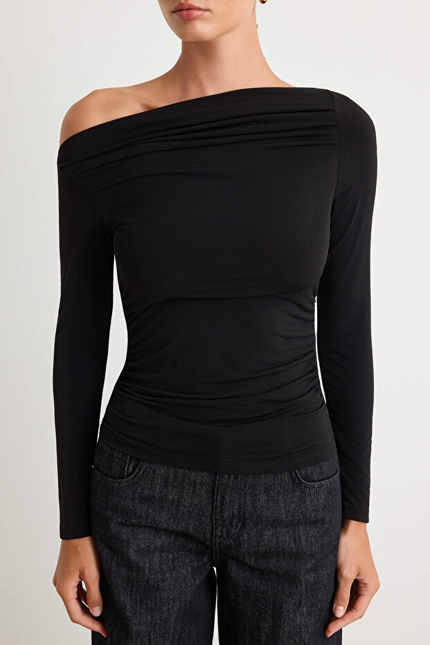 Siyah Büzgü/Drape Detaylı Fitted/Vücuda Oturan Uzun Kollu Esnek Örme Bluz TWOAW25BZ00248 - 3
