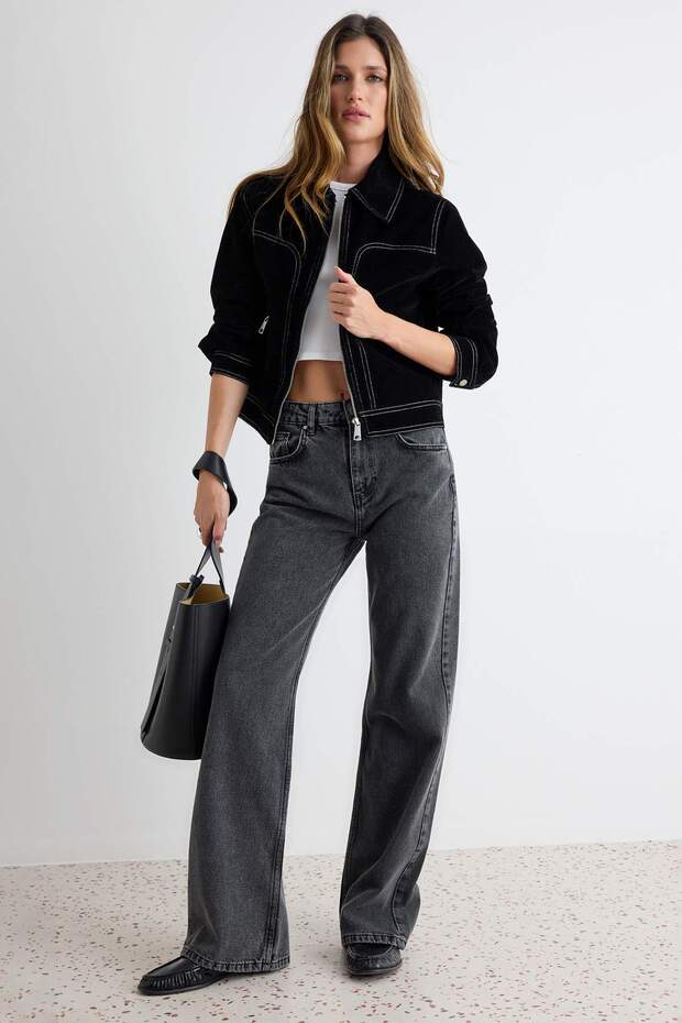 Antrasit Yüksek Bel Wide Leg Geniş Paça %100 Pamuk Non-Stretch Jeans TWOSS23JE00068 - 1