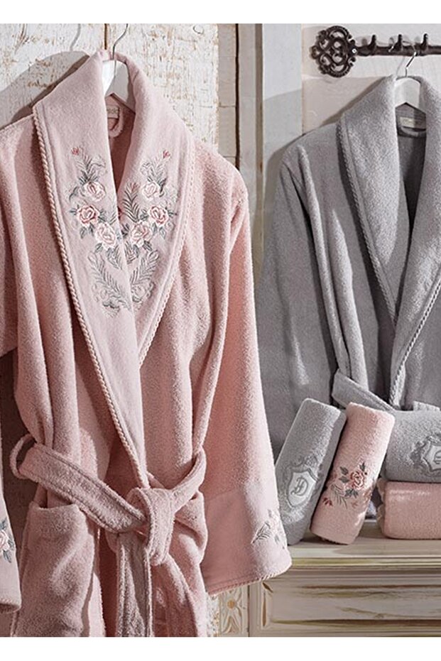 Larosa 6 Piece Velvet Cotton Bathrobe Set - Powder/Grey