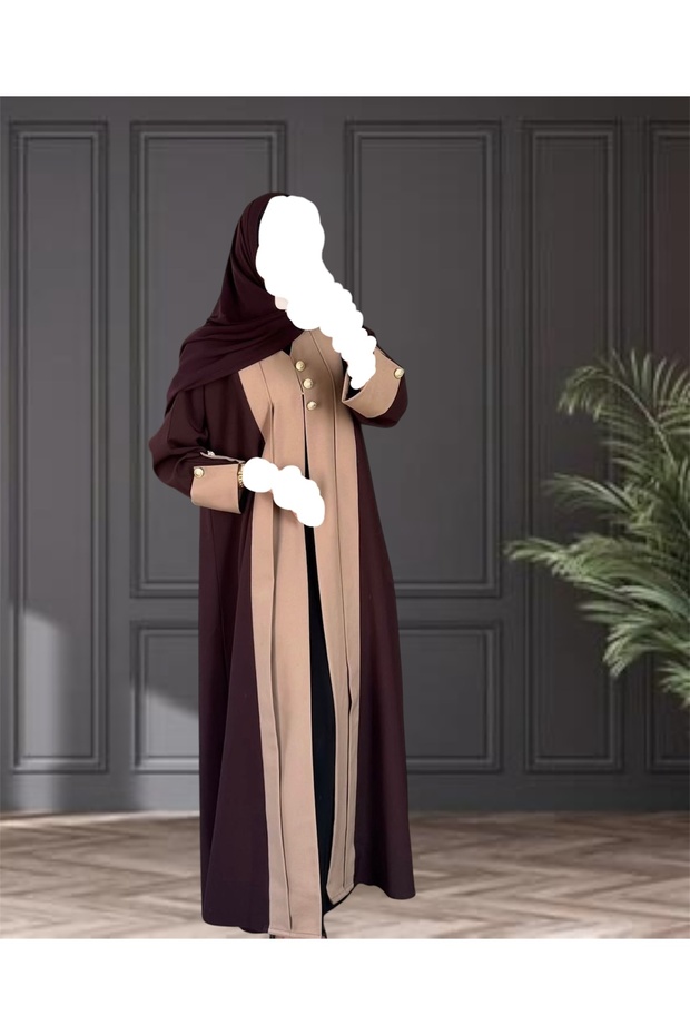 Two-Tone, Burgundy & Beige Buttoned Abaya with Matching Hijab